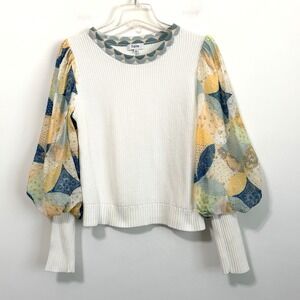 Fate Cant Let You Go Sweater L‎ White Patchwork Balloon Sleeve Boho Knit Top